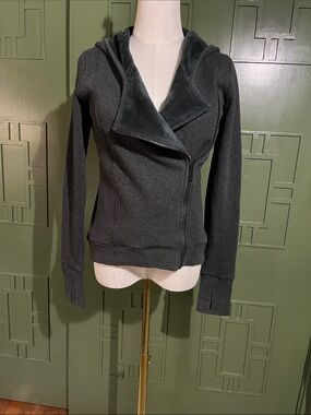 Athleta Dark Gray Asymmetrical Zip Hoodie with Velour Lining.